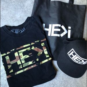 Bundle: HE>i snap back baseball hat, XL t-shirt, reuseable bag